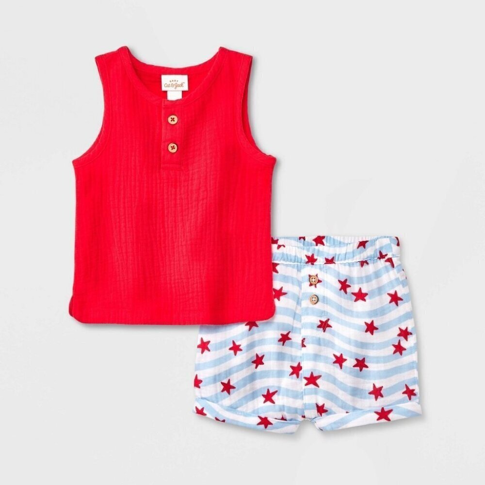 Cat & Jack Baby Boys 3-6‎ Months Gauze Henley Tank Set in Stars/Stripes Red 271
